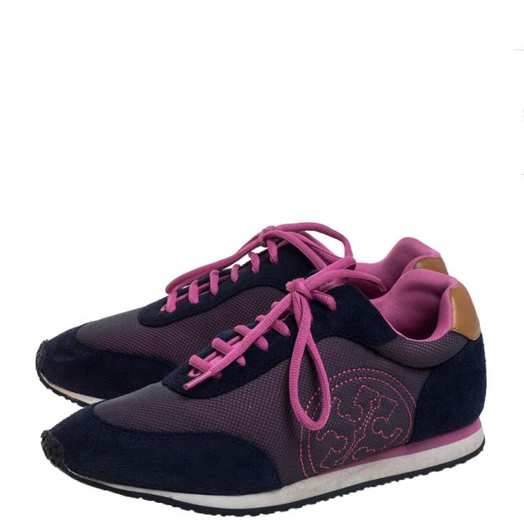 Pre Owned Tory Burch Blue/Pink Suede And Mesh Low Top Sneakers Size 39