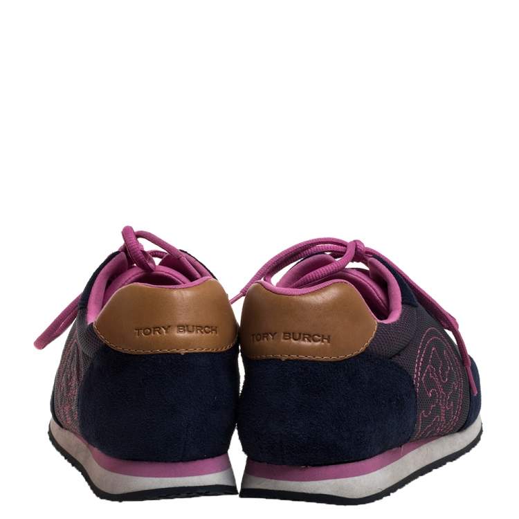 Pre Owned Tory Burch Blue/Pink Suede And Mesh Low Top Sneakers Size 39