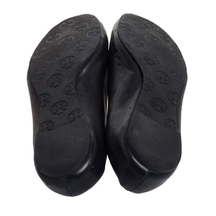 Pre Owned Tory Burch Black Leather Minnie Travel Logo Ballet Flats Size 37.5