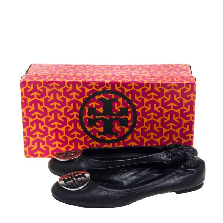 Pre Owned Tory Burch Black Leather Minnie Travel Logo Ballet Flats Size 37.5