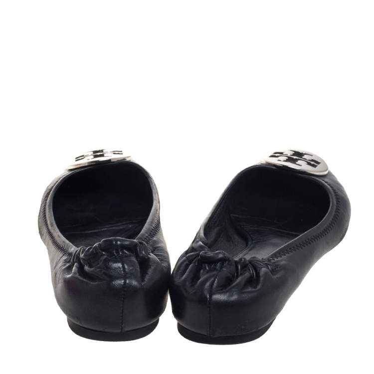 Pre Owned Tory Burch Black Leather Minnie Travel Logo Ballet Flats Size 37.5