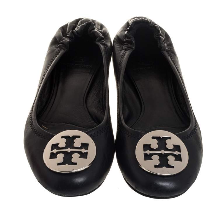 Pre Owned Tory Burch Black Leather Minnie Travel Logo Ballet Flats Size 37.5