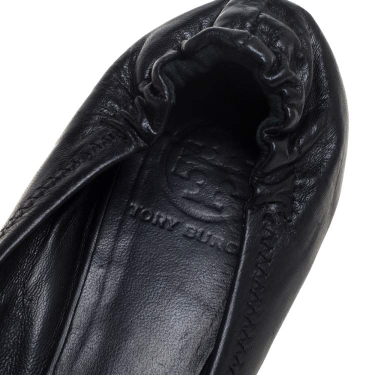Pre Owned Tory Burch Black Leather Minnie Travel Logo Ballet Flats Size 37.5