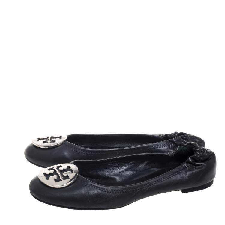 Pre Owned Tory Burch Black Leather Minnie Travel Logo Ballet Flats Size 37.5