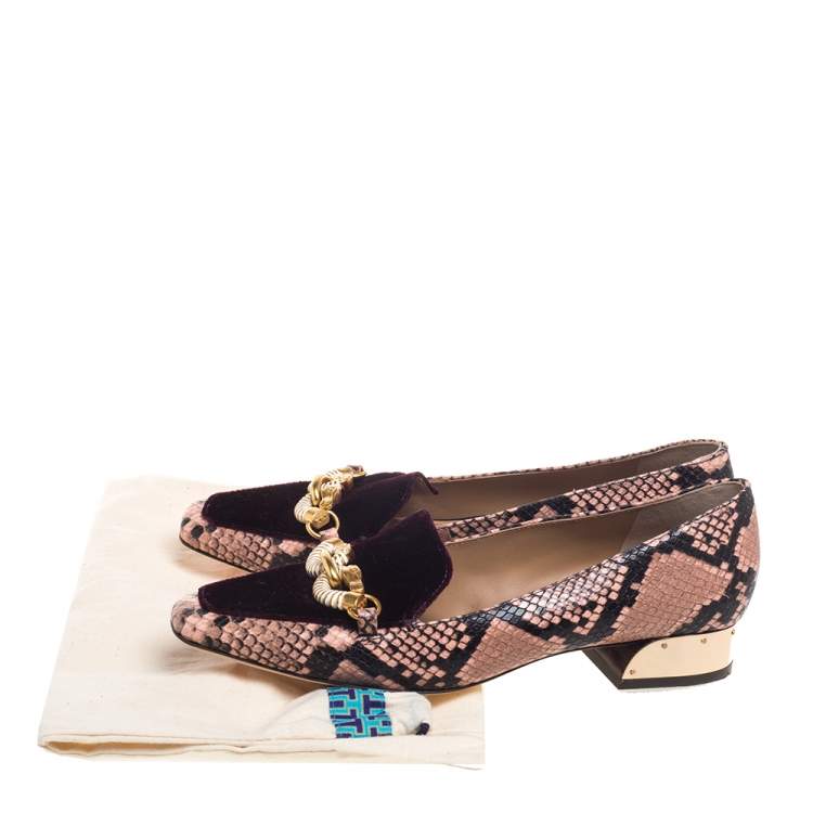 Pre Owned Tory Burch Purple Velvet And Python Embossed Leather Jessa Embellished Slip On Loafers Size 40