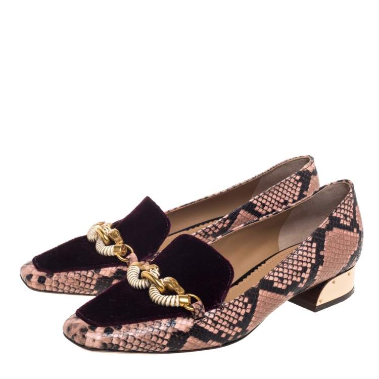 Pre Owned Tory Burch Purple Velvet And Python Embossed Leather Jessa Embellished Slip On Loafers Size 40