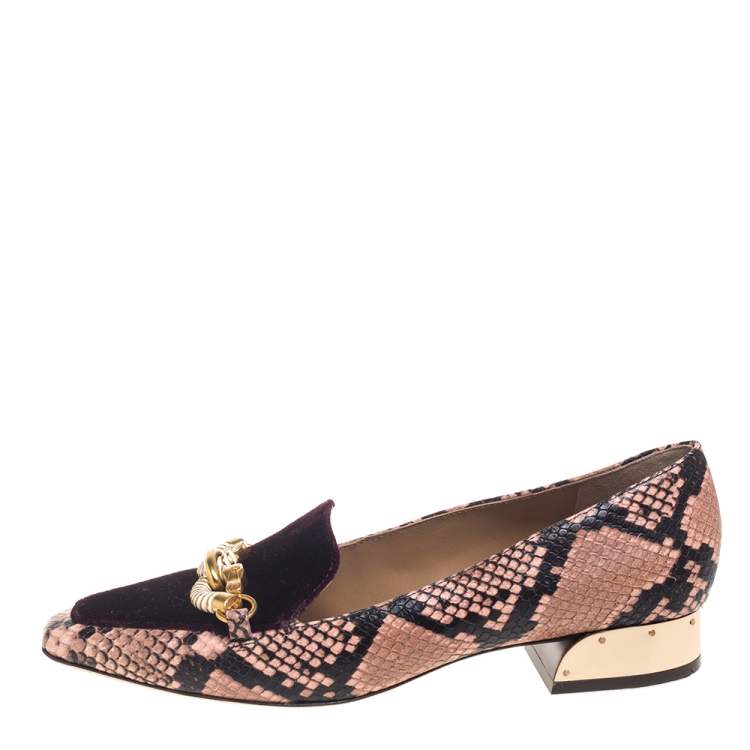 Pre Owned Tory Burch Purple Velvet And Python Embossed Leather Jessa Embellished Slip On Loafers Size 40