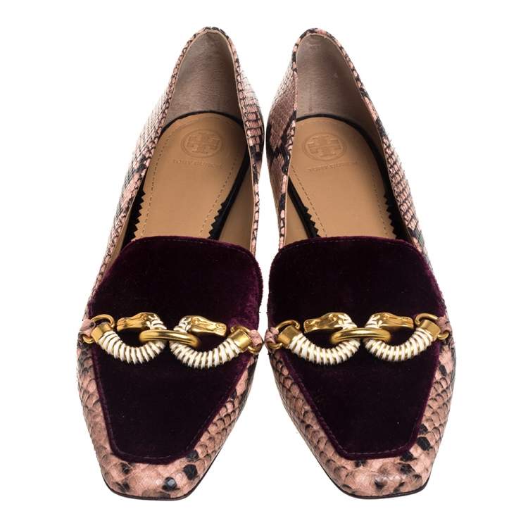Pre Owned Tory Burch Purple Velvet And Python Embossed Leather Jessa Embellished Slip On Loafers Size 40