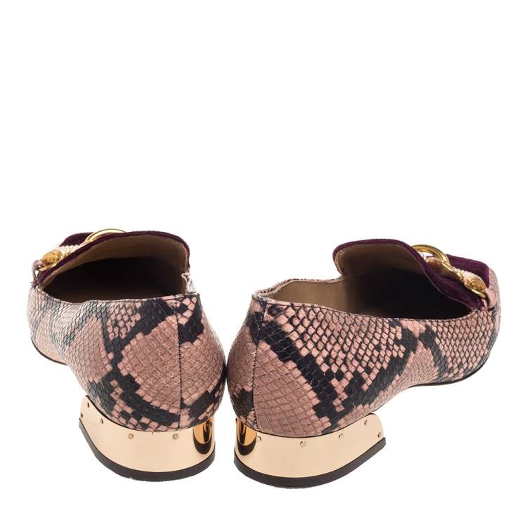 Pre Owned Tory Burch Purple Velvet And Python Embossed Leather Jessa Embellished Slip On Loafers Size 40