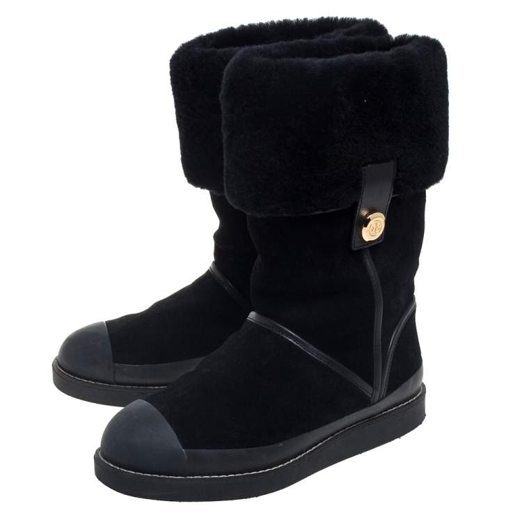 Pre Owned Tory Burch Black Suede And Fur Ankle Boots Size 37
