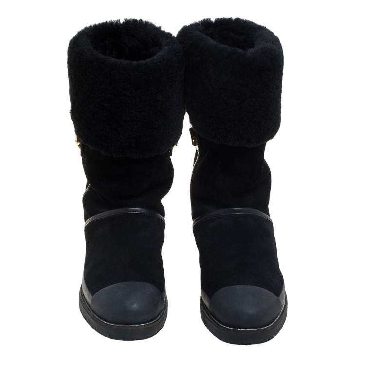 Pre Owned Tory Burch Black Suede And Fur Ankle Boots Size 37