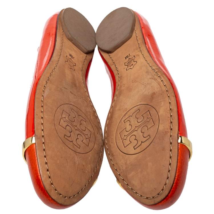 Pre Owned Tory Burch Orange Patent And Leather Logo Ballet Flats Size 37