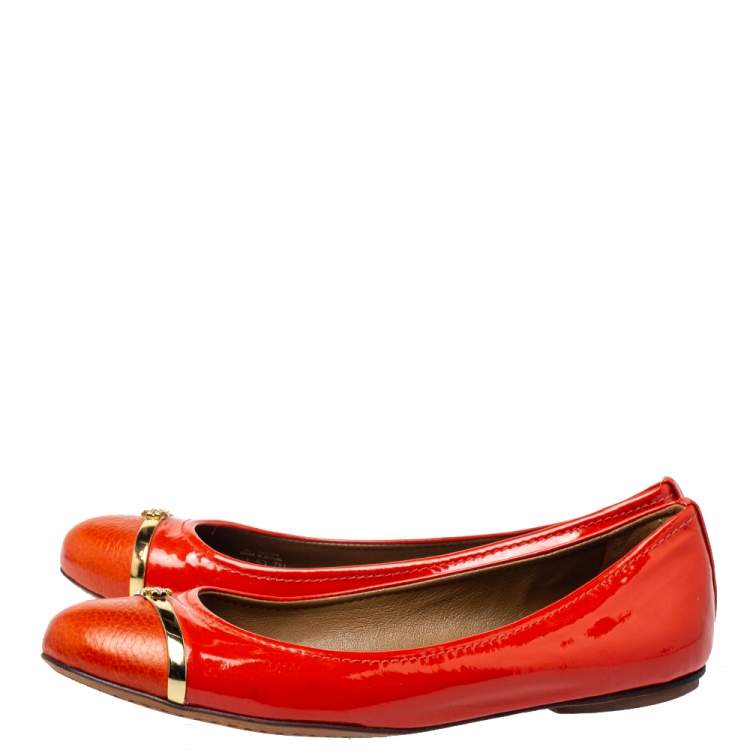 Pre Owned Tory Burch Orange Patent And Leather Logo Ballet Flats Size 37