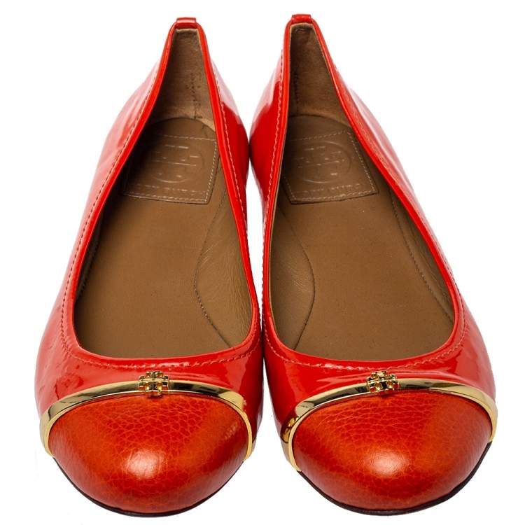Pre Owned Tory Burch Orange Patent And Leather Logo Ballet Flats Size 37