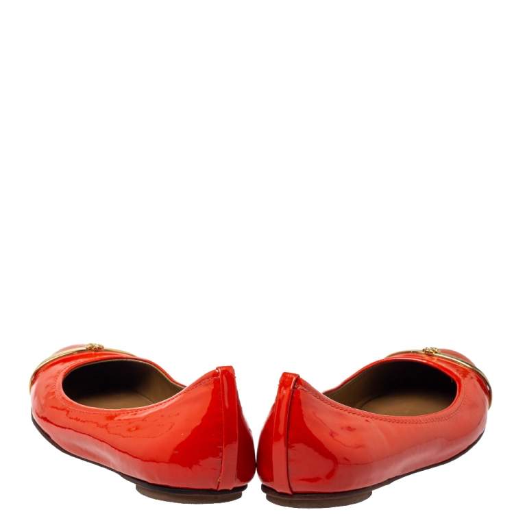Pre Owned Tory Burch Orange Patent And Leather Logo Ballet Flats Size 37