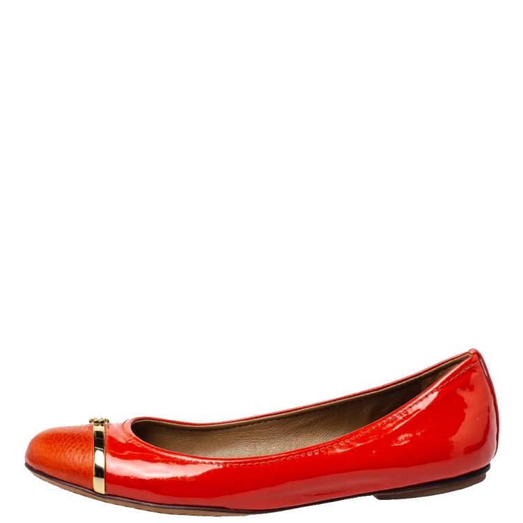 Pre Owned Tory Burch Orange Patent And Leather Logo Ballet Flats Size 37