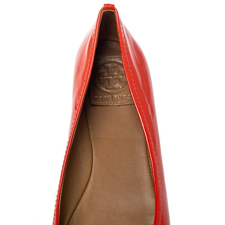 Pre Owned Tory Burch Orange Patent And Leather Logo Ballet Flats Size 37
