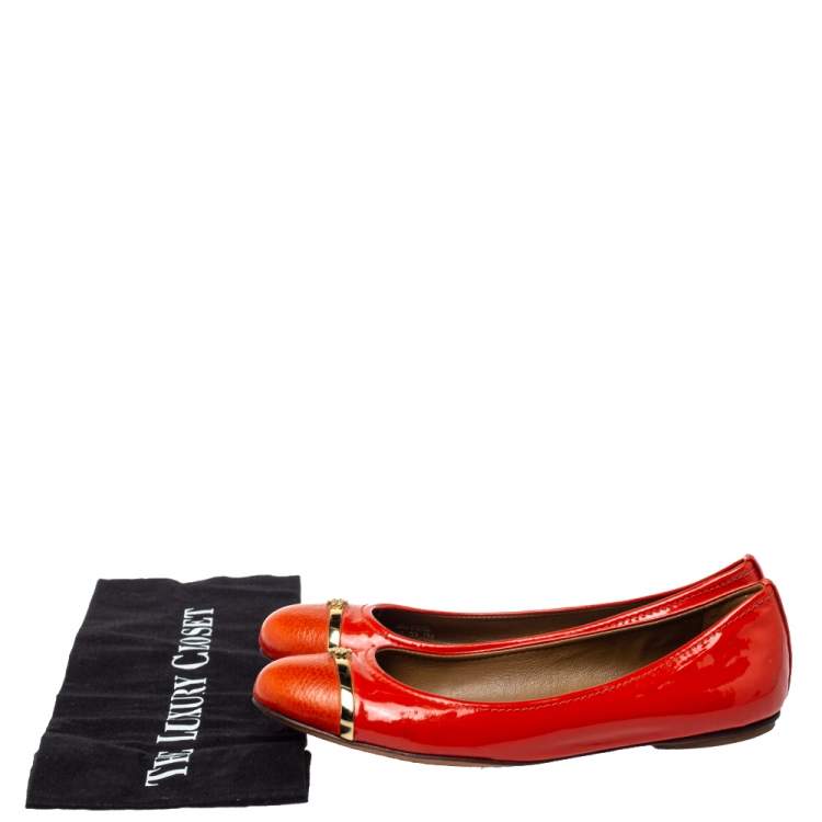 Pre Owned Tory Burch Orange Patent And Leather Logo Ballet Flats Size 37