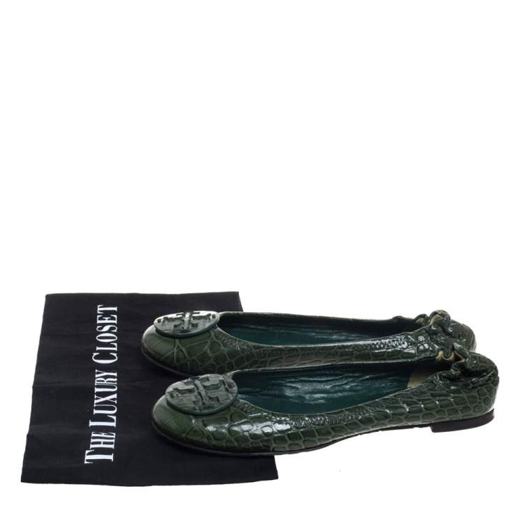 Pre Owned Tory Burch  Green Croc Embossed Leather  Ballet Flats Size 38