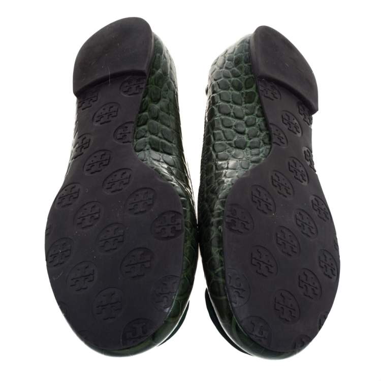 Pre Owned Tory Burch  Green Croc Embossed Leather  Ballet Flats Size 38