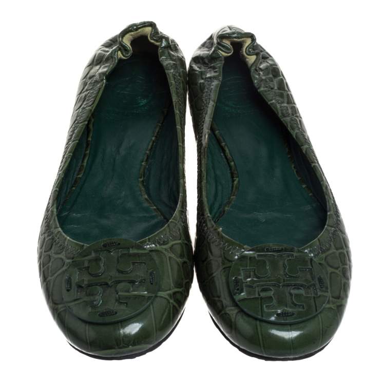 Pre Owned Tory Burch  Green Croc Embossed Leather  Ballet Flats Size 38