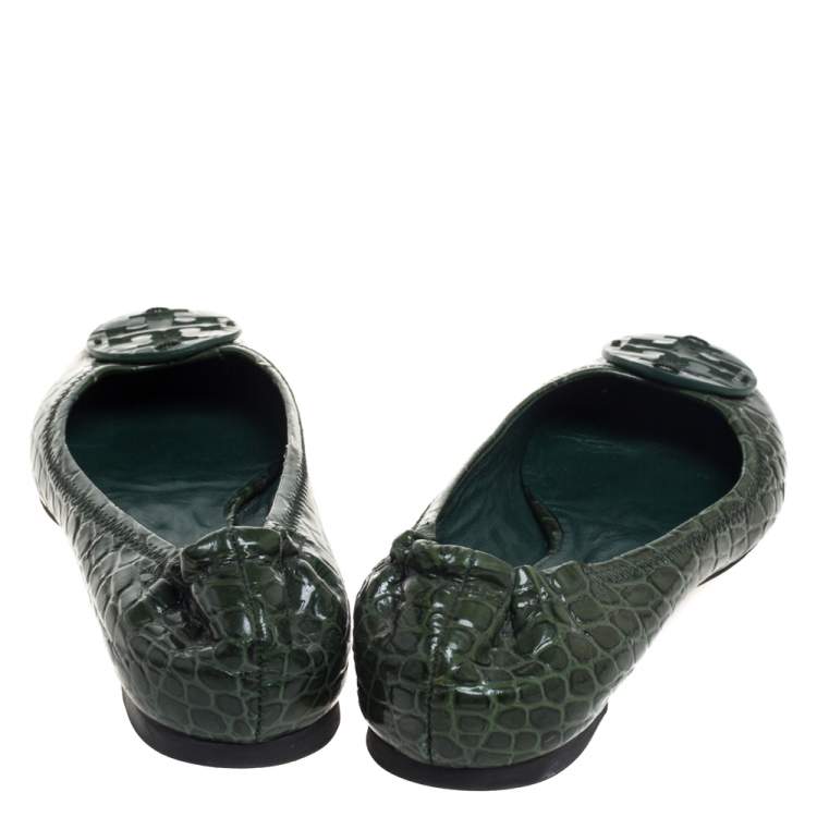 Pre Owned Tory Burch  Green Croc Embossed Leather  Ballet Flats Size 38
