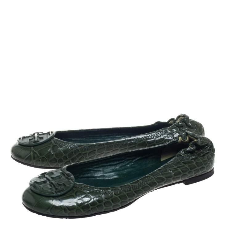 Pre Owned Tory Burch  Green Croc Embossed Leather  Ballet Flats Size 38