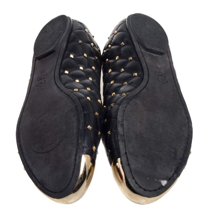 Pre Owned Tory Burch Black Leather Kaitlin Cap Toe  Ballet Flats Size 37