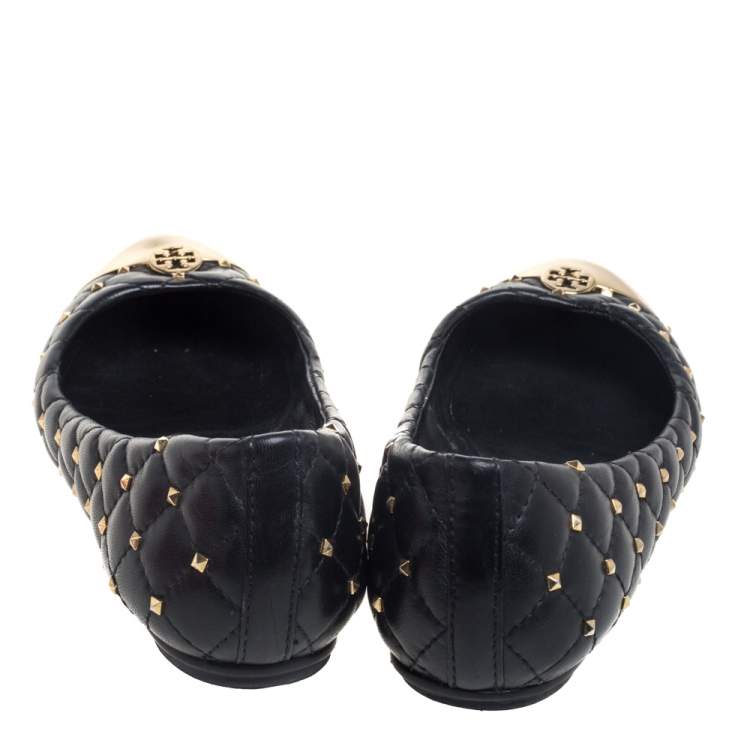 Pre Owned Tory Burch Black Leather Kaitlin Cap Toe  Ballet Flats Size 37
