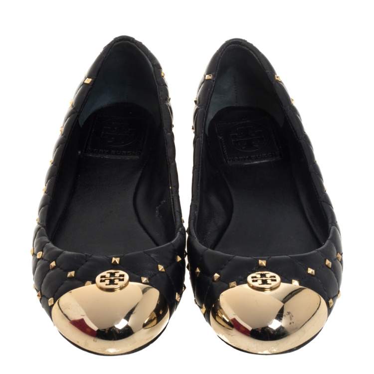 Pre Owned Tory Burch Black Leather Kaitlin Cap Toe  Ballet Flats Size 37