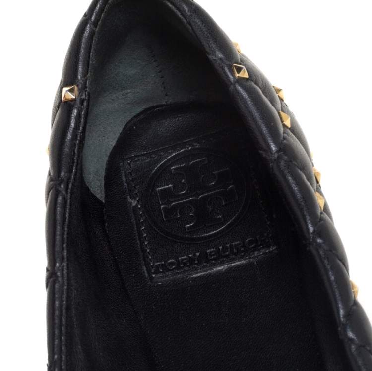 Pre Owned Tory Burch Black Leather Kaitlin Cap Toe  Ballet Flats Size 37