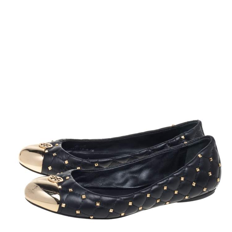 Pre Owned Tory Burch Black Leather Kaitlin Cap Toe  Ballet Flats Size 37