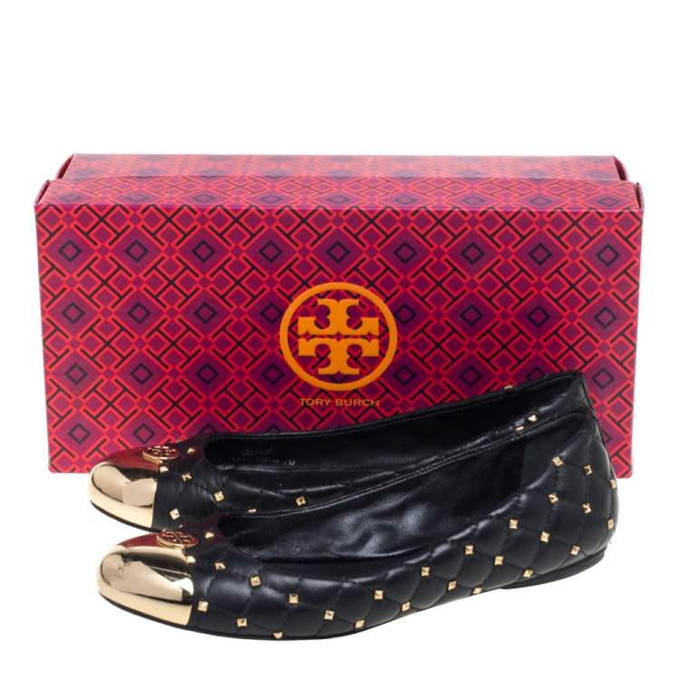 Pre Owned Tory Burch Black Leather Kaitlin Cap Toe  Ballet Flats Size 37
