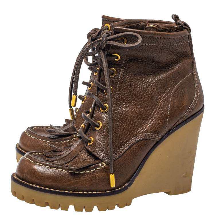 Pre Owned Tory Burch Brown Leather Fringe Detail Wedge Derby Ankle Boots Size 38