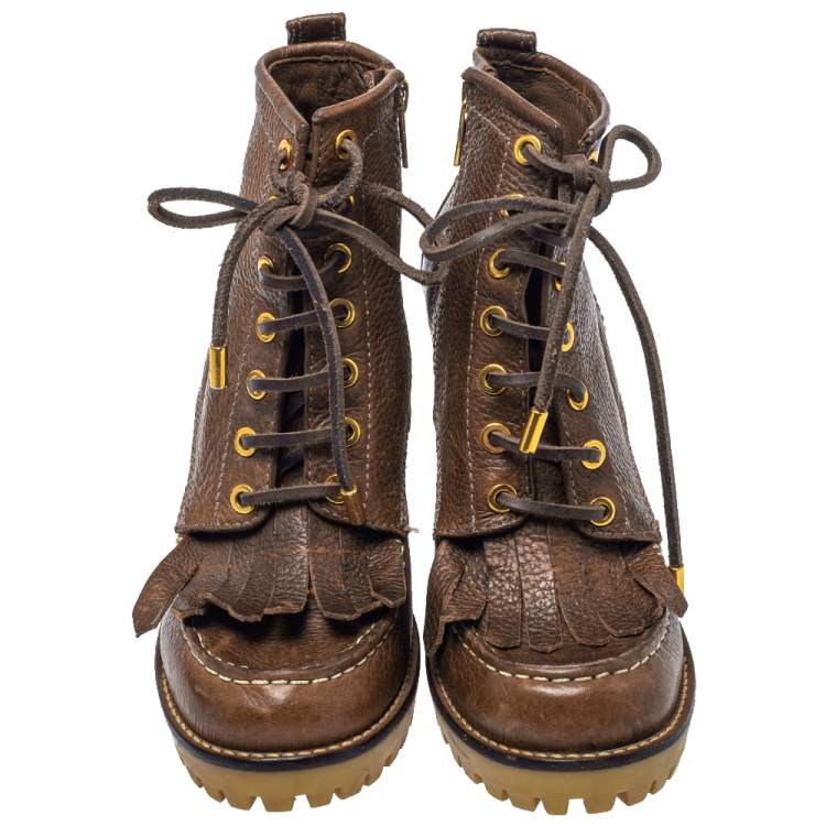 Pre Owned Tory Burch Brown Leather Fringe Detail Wedge Derby Ankle Boots Size 38