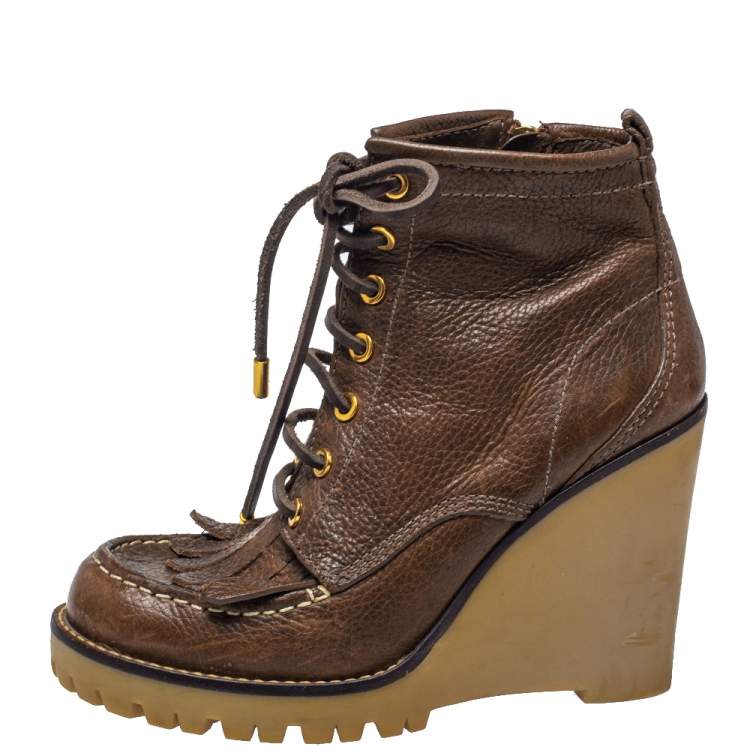 Pre Owned Tory Burch Brown Leather Fringe Detail Wedge Derby Ankle Boots Size 38