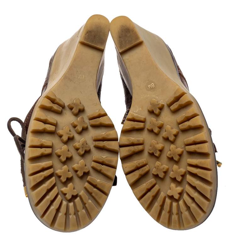 Pre Owned Tory Burch Brown Leather Fringe Detail Wedge Derby Ankle Boots Size 38