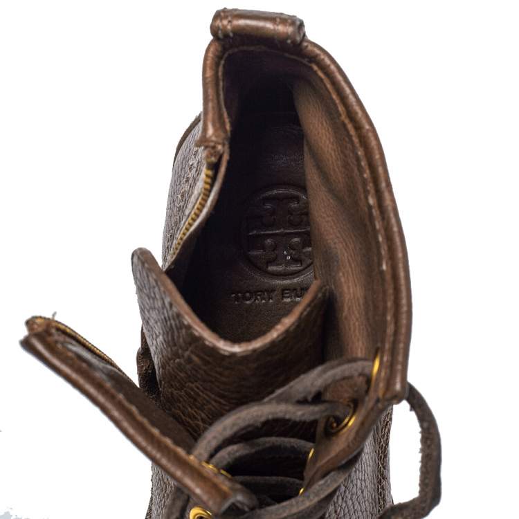 Pre Owned Tory Burch Brown Leather Fringe Detail Wedge Derby Ankle Boots Size 38