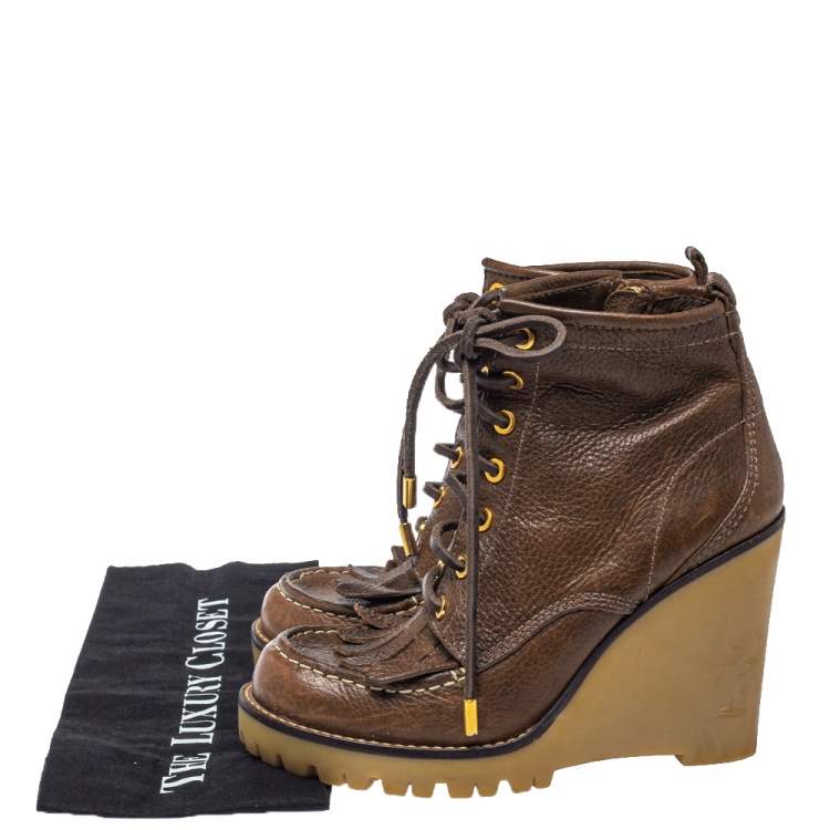 Pre Owned Tory Burch Brown Leather Fringe Detail Wedge Derby Ankle Boots Size 38