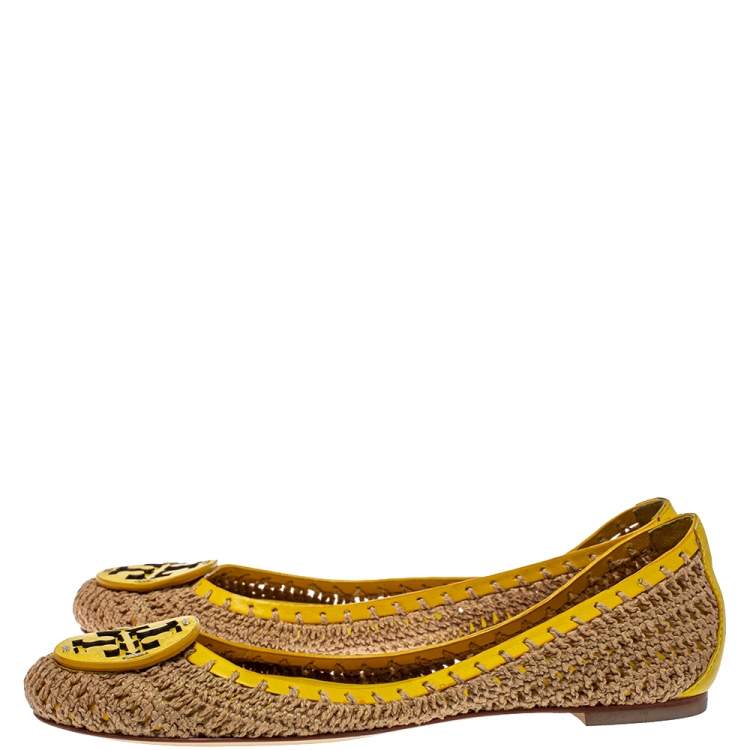 Pre Owned Tory Burch Brown/Yellow Crochet And Leather Ballet Flats Size 37.5