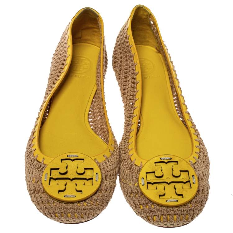 Pre Owned Tory Burch Brown/Yellow Crochet And Leather Ballet Flats Size 37.5