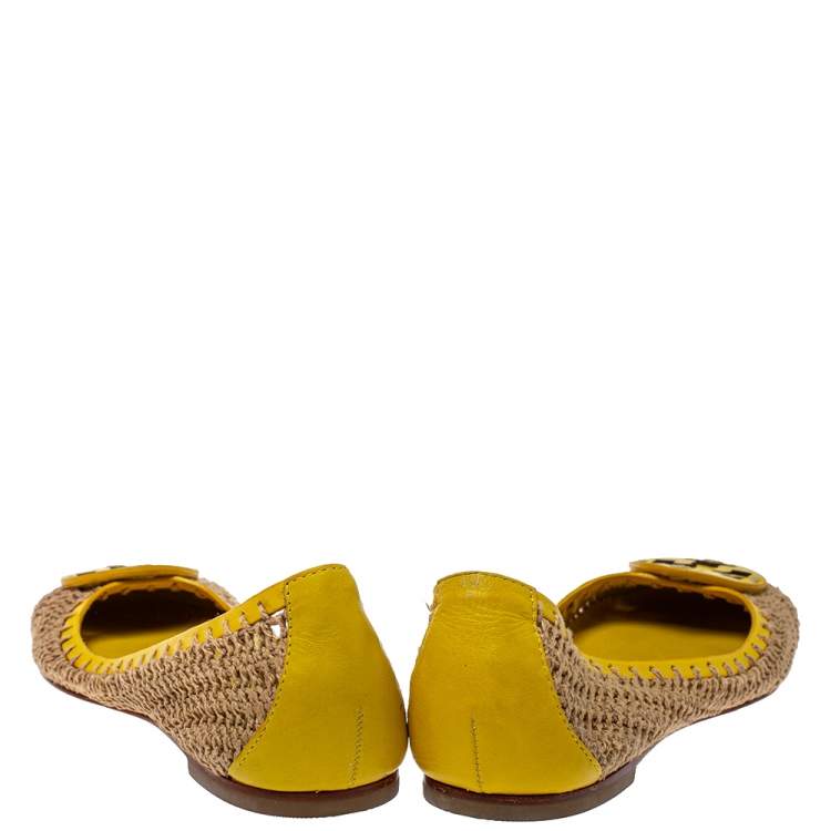 Pre Owned Tory Burch Brown/Yellow Crochet And Leather Ballet Flats Size 37.5