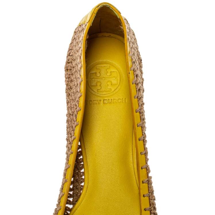 Pre Owned Tory Burch Brown/Yellow Crochet And Leather Ballet Flats Size 37.5