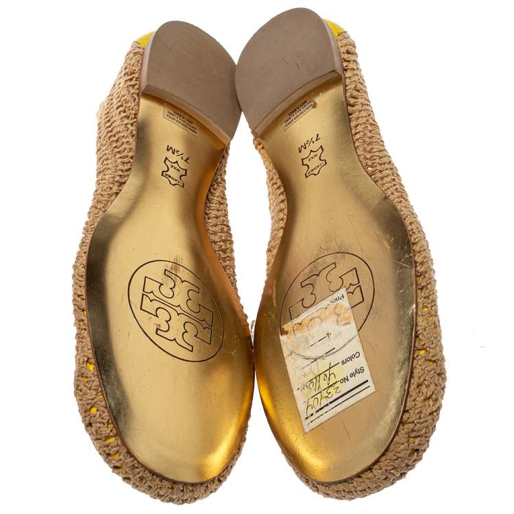 Pre Owned Tory Burch Brown/Yellow Crochet And Leather Ballet Flats Size 37.5