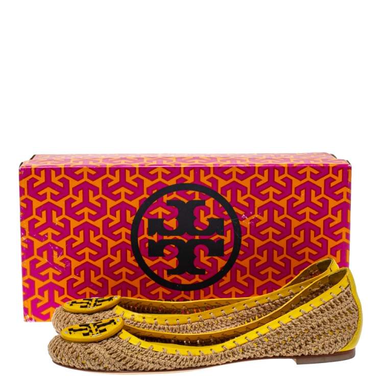 Pre Owned Tory Burch Brown/Yellow Crochet And Leather Ballet Flats Size 37.5