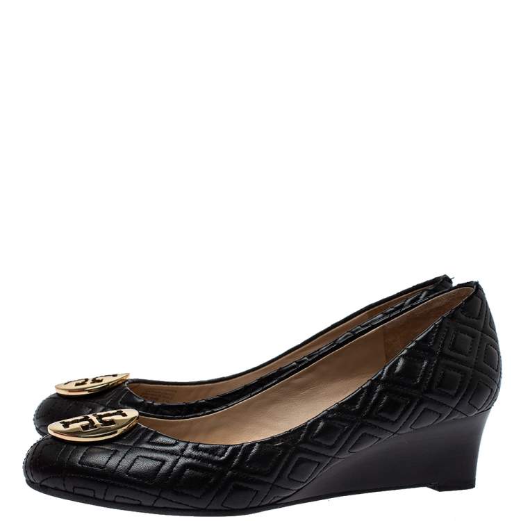Pre Owned Tory Burch Black Leather Marion Wedge Pumps Size 37.5 