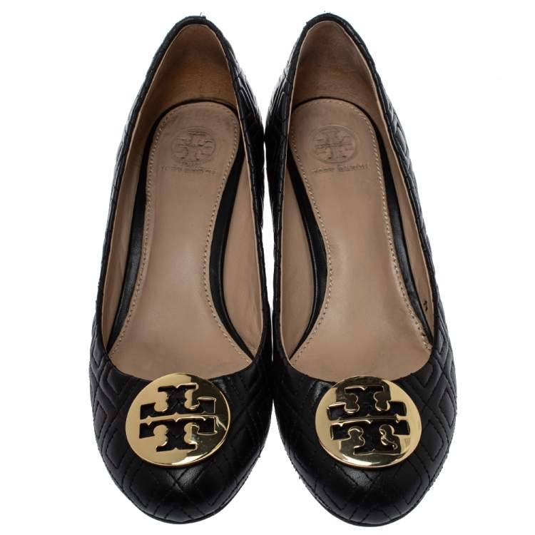 Pre Owned Tory Burch Black Leather Marion Wedge Pumps Size 37.5 