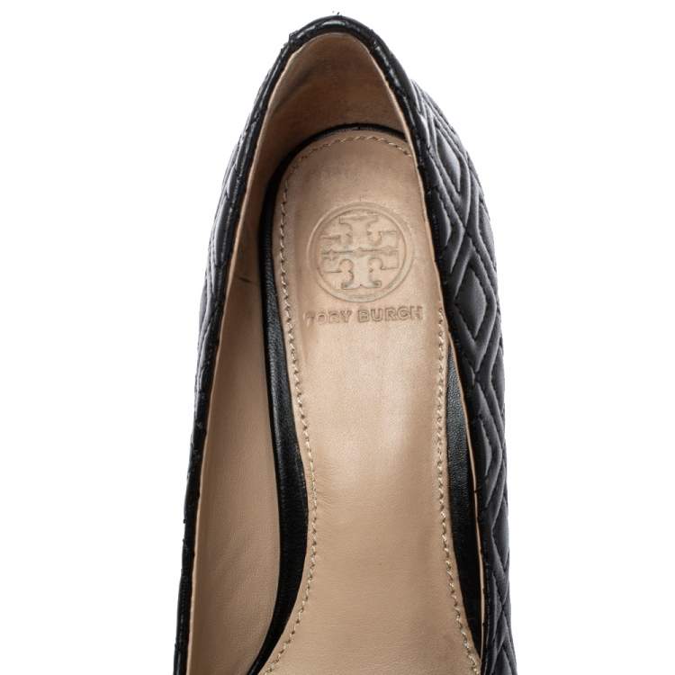 Pre Owned Tory Burch Black Leather Marion Wedge Pumps Size 37.5 