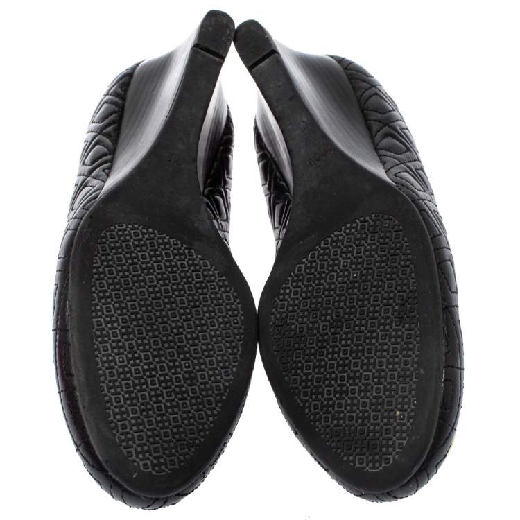 Pre Owned Tory Burch Black Leather Marion Wedge Pumps Size 37.5 