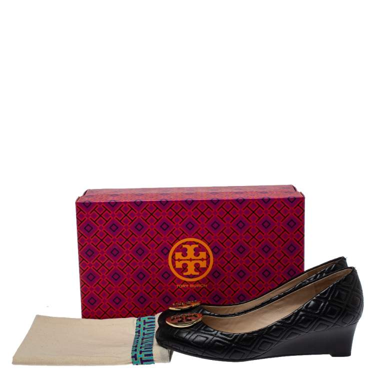 Pre Owned Tory Burch Black Leather Marion Wedge Pumps Size 37.5 